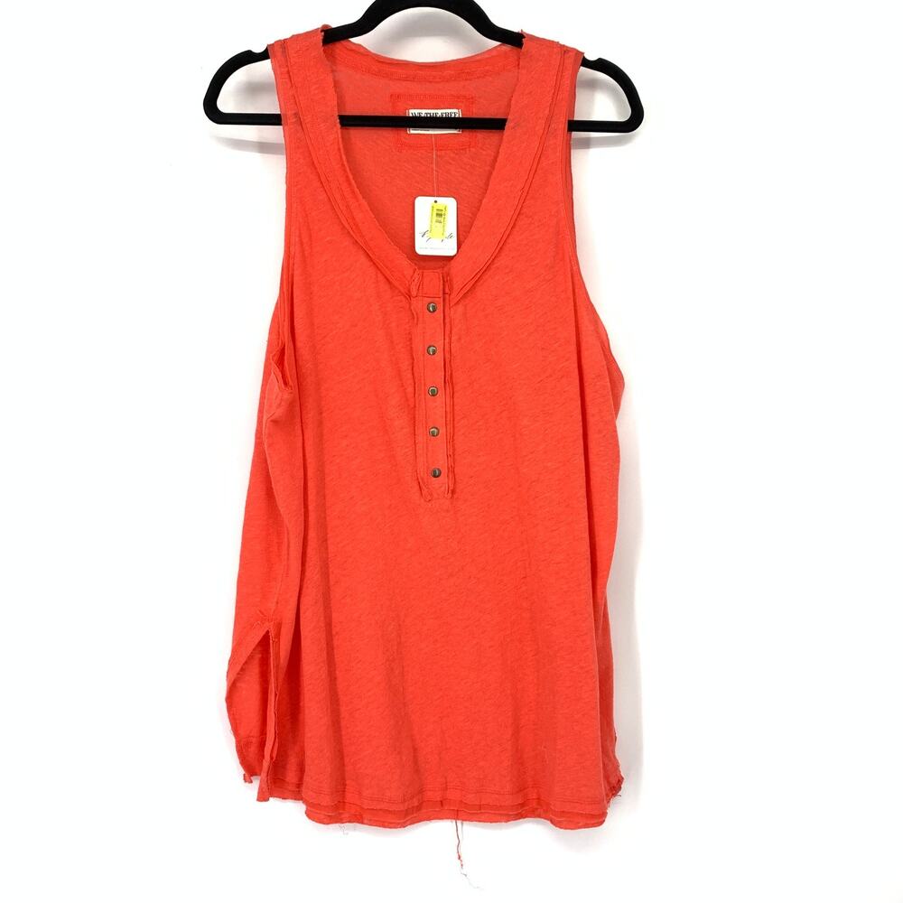 Free People Top Womens Large Radiant Watermelon Pink Snap Front Slub Knit V-Neck